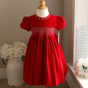 Red Smocked Cotton Pinwale Corduroy Dress Size 4/5 Boutique Traditional NWT